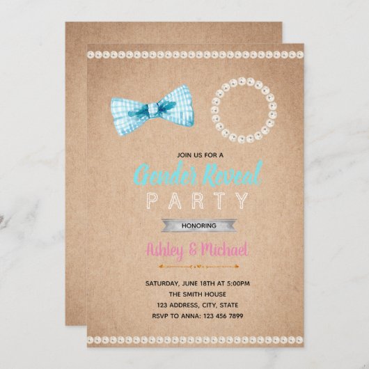 BowtieまたはPear Gender Reveal Invitation 招待状 (正面/裏面)