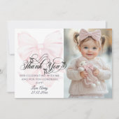 Bowtiful One 1st誕生日ピンクボウ女の子写真 サンキューカード (正面)