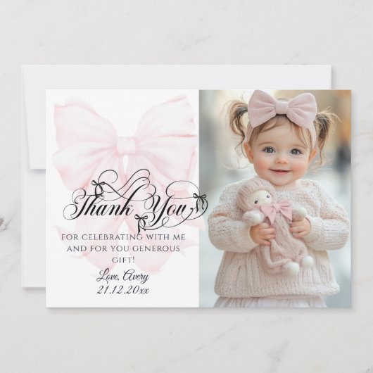 Bowtiful One 1st誕生日ピンクボウ女の子写真 サンキューカード (正面)
