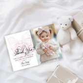 Bowtiful One 1st誕生日ピンクボウ女の子写真 サンキューカード