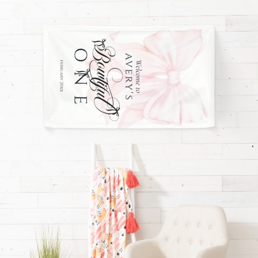 Bowtiful One 1st誕生日ピンクボウ女の子写真 横断幕 (インサイチュ)