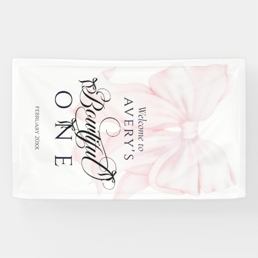 Bowtiful One 1st誕生日ピンクボウ女の子写真 横断幕 (横)