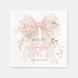 Bowtiiful One 1st Birthday Floral Bow Girls スタンダードカクテルナプキン