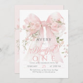 Bowtiiful One 1st Birthday Floral Bow Girls 招待状 (正面/裏面)
