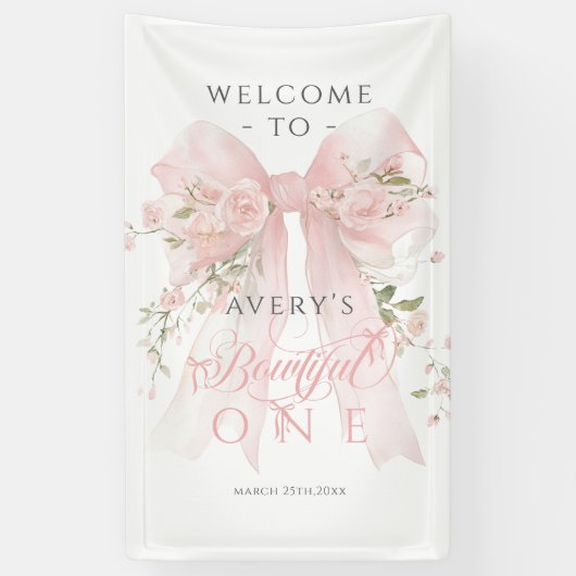 Bowtiiful One 1st Birthday Floral Bow Girls 横断幕 (縦)