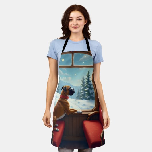 Boxer Christmas Eve Train Ride Painting エプロン (着用した状態)