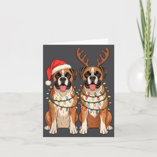 Boxer Dog Christmas Santa Hat Reindeer Lights Paja カード (正面)