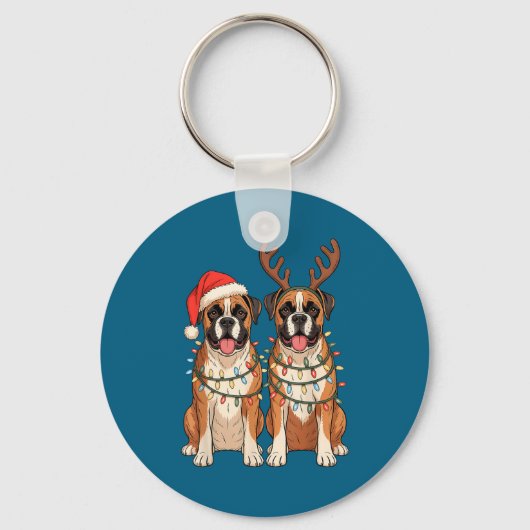 Boxer Dog Christmas Santa Hat Reindeer Lights Paja キーホルダー (正面)