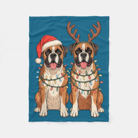 Boxer Dog Christmas Santa Hat Reindeer Lights Paja フリースブランケット (正面)