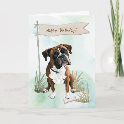 Boxer Dog Outdoors Under Birthday Sign カード (正面)
