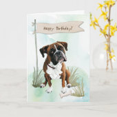 Boxer Dog Outdoors Under Birthday Sign カード (黄色い花)