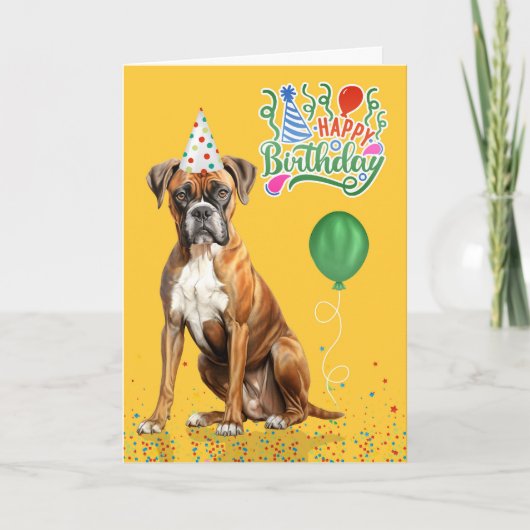 Boxer Dog Party Hat Yellow Birthday カード (正面)