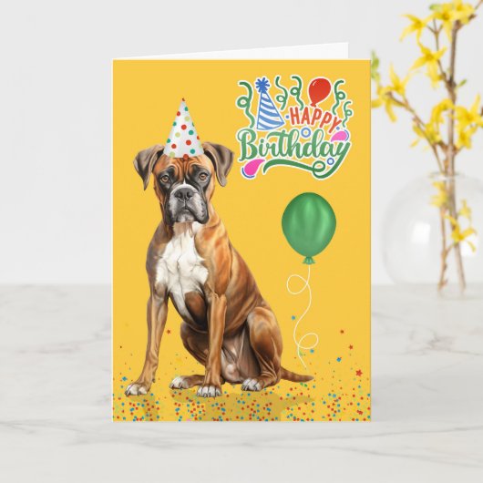 Boxer Dog Party Hat Yellow Birthday カード (黄色い花)