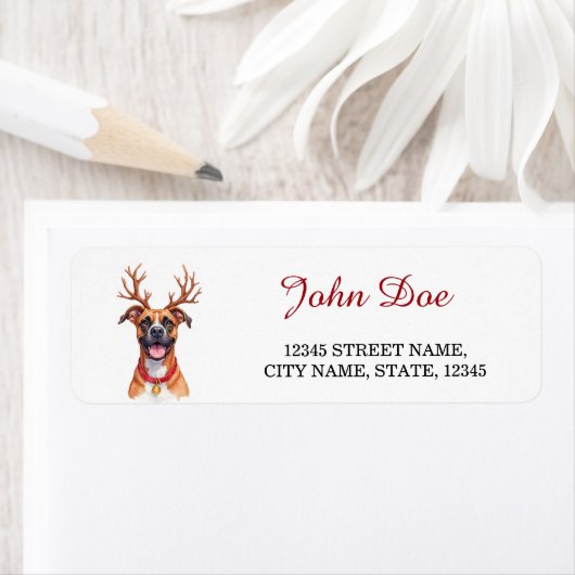 Boxer Dog Reindeer Antlers Christmas Return ラベル (インサイチュ)