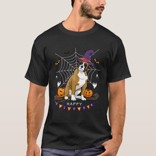 Boxer Dog Witch Pumpkin Halloween Kids Mens Womens Tシャツ (正面)