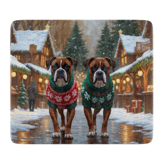 Boxer Dogs Christmas Snow Holiday カッティングボード (正面)