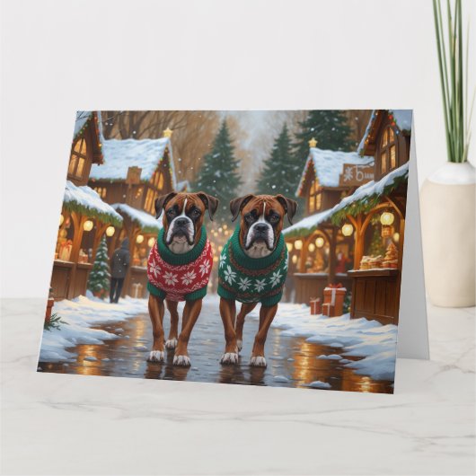 Boxer Dogs Christmas Snow Holiday カード (正面)