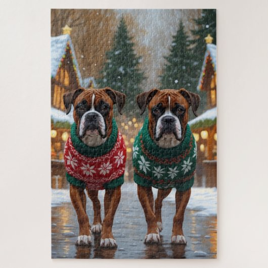 Boxer Dogs Christmas Snow Holiday  ジグソーパズル (縦)
