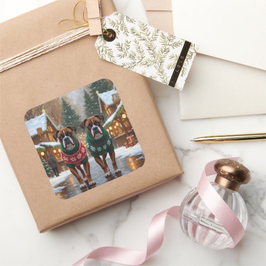 Boxer Dogs Christmas Snow Holiday  スクエアシール (ギフト)
