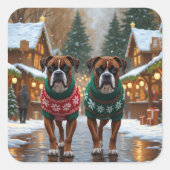 Boxer Dogs Christmas Snow Holiday  スクエアシール (正面)