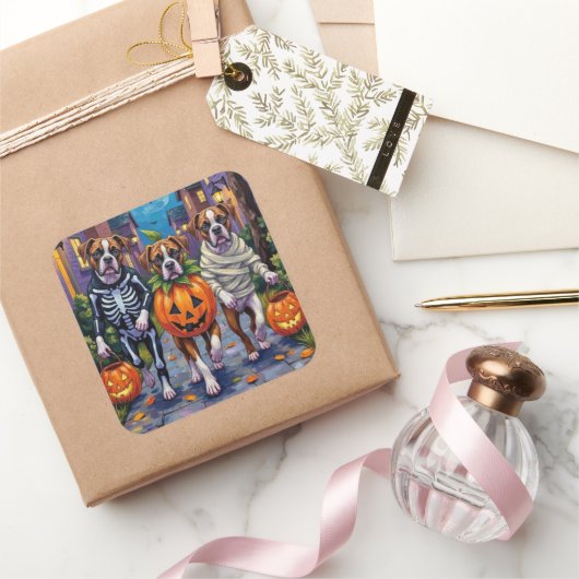 Boxer Dogs Trick-or-Treating in Halloween Costumes スクエアシール (ギフト)