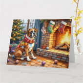 Boxer Sitting by Fireplace with Christmas Lights カード (黄色い花)