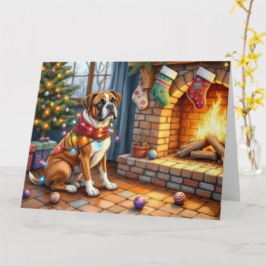 Boxer Sitting by Fireplace with Christmas Lights カード (黄色い花)