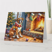 Boxer Sitting by Fireplace with Christmas Lights カード (正面)
