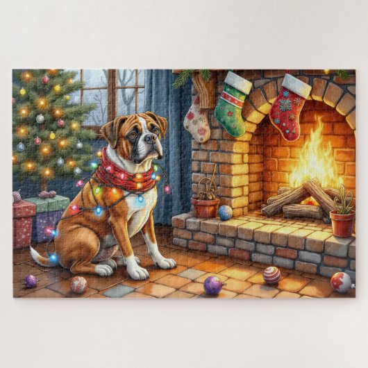 Boxer Sitting by Fireplace with Christmas Lights ジグソーパズル (横)