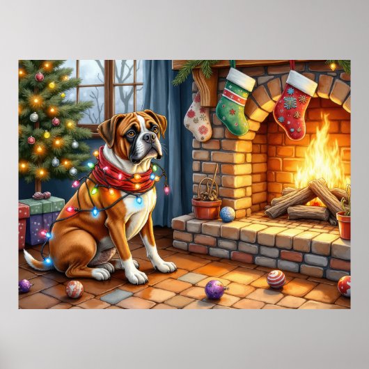 Boxer Sitting by Fireplace with Christmas Lights ポスター (正面)