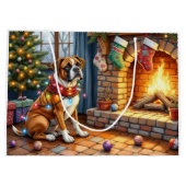 Boxer Sitting by Fireplace with Christmas Lights ラージペーパーバッグ (裏面)