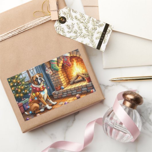 Boxer Sitting by Fireplace with Christmas Lights 長方形シール (ギフト)