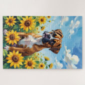 Boxer Spring Sunflower Field Dog ジグソーパズル (横)