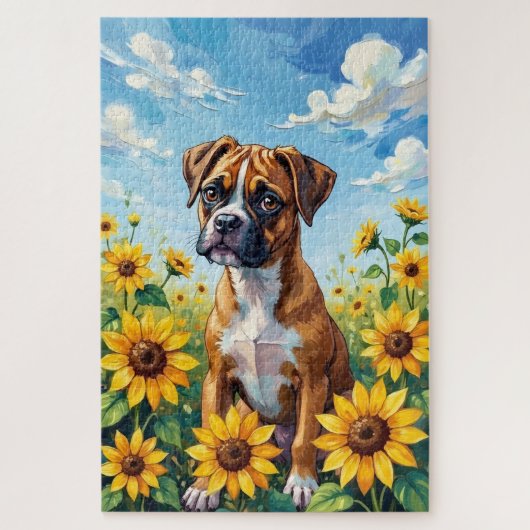 Boxer Spring Sunflower Field Dog ジグソーパズル (縦)