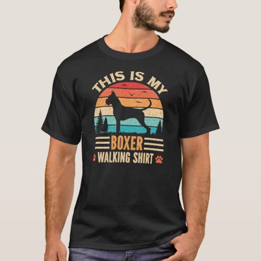 Boxer Walking Dad German Dog Walker Retro Sunset Tシャツ (正面)