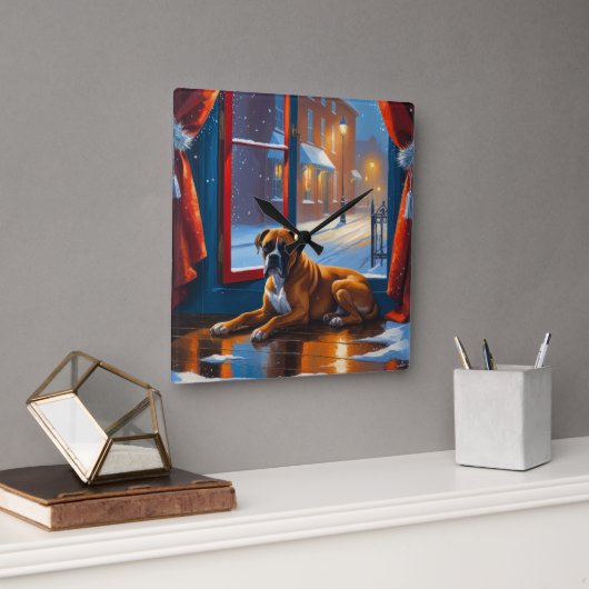 Boxer with Christmas Lights Holiday スクエア壁時計 (オフィス)