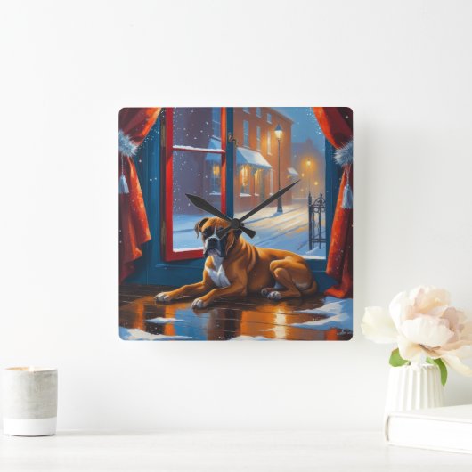Boxer with Christmas Lights Holiday スクエア壁時計 (ホーム)