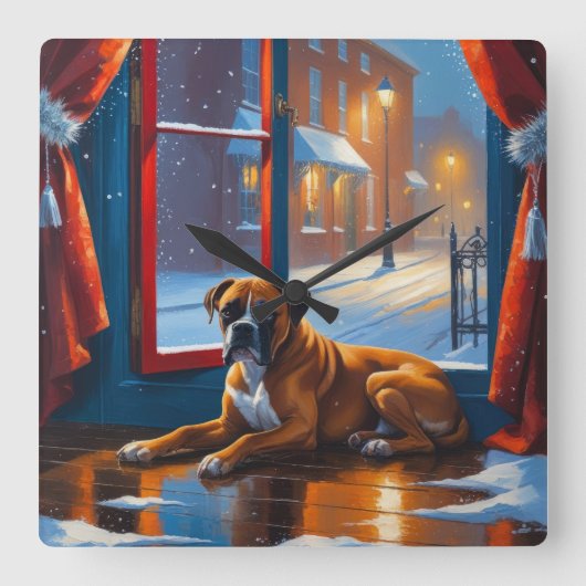 Boxer with Christmas Lights Holiday スクエア壁時計 (正面)
