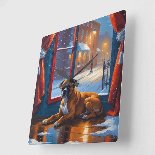 Boxer with Christmas Lights Holiday スクエア壁時計 (傾斜)