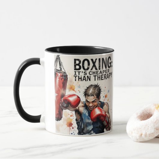 “Boxing – It’s Cheaper Than Therapy Mug” マグカップ (ドーナツ)