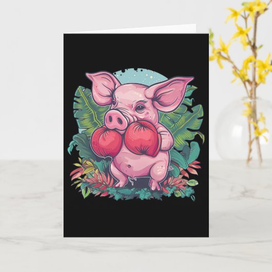 Boxing Pig With Boxing Gloves Kickboxing Funny Box カード (黄色い花)