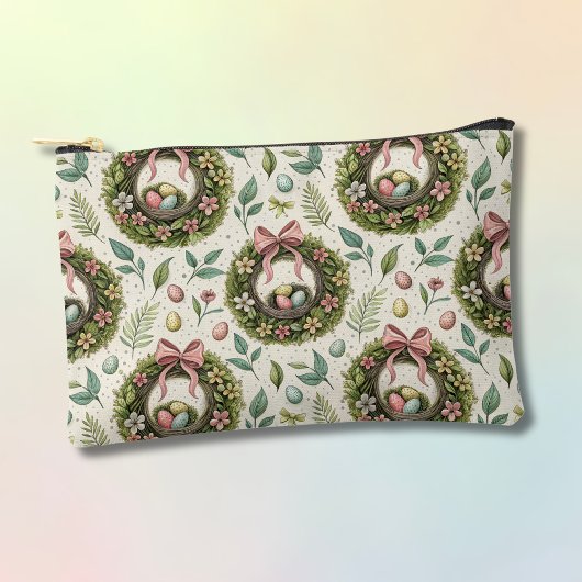 Boxwood Easter Wreath Pink Bow with Egg アクセサリーポーチ