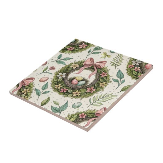 Boxwood Easter Wreath Pink Bow with Egg タイル (側面)