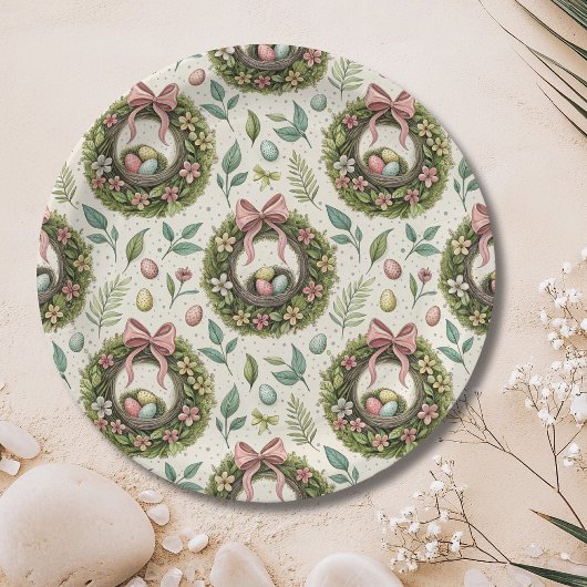 Boxwood Easter Wreath Pink Bow with Egg ペーパープレート
