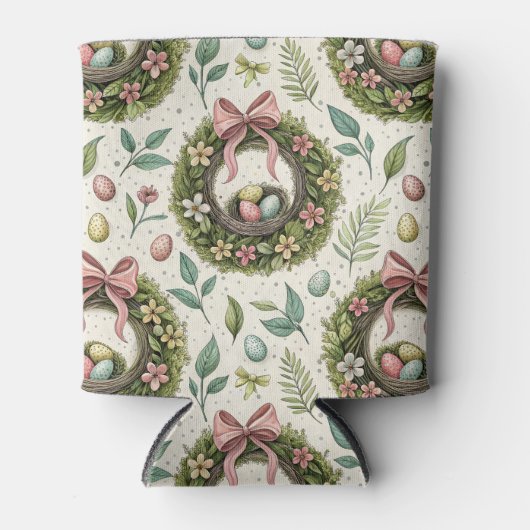 Boxwood Easter Wreath Pink Bow with Egg 缶クーラー (正面)