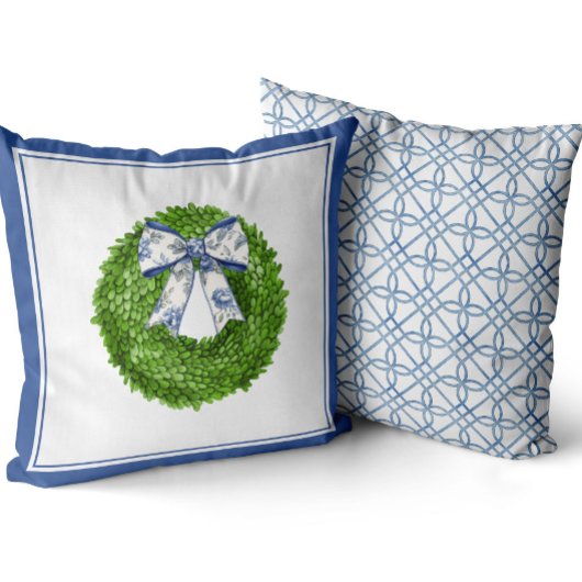 Boxwood Wreath with Blue Toile Bow  クッション
