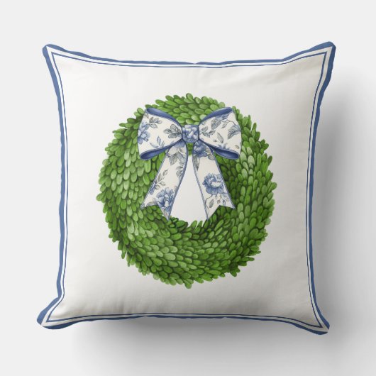 Boxwood Wreath with Blue Toile Bow  クッション (正面)