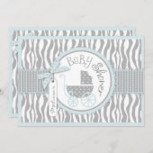 BOYベビーキャリッジ、ゼブラプリント&ブルーベビーシャワー 招待状 (正面/裏面)