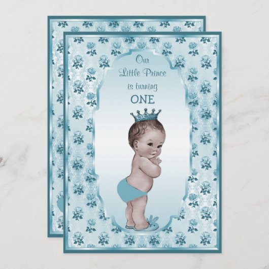 Boyヴィンテージの王子および青いバラの第1誕生日 招待状 (正面/裏面)