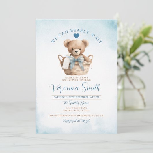 BOY我々は青いクマ赤ちゃんシャワーを待つことができる 招待状 (スタンド正面)